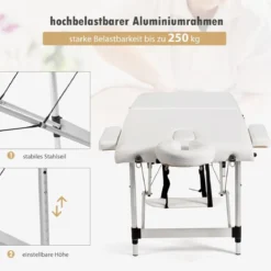 70cm breit Alu Massagetisch mit Tragetasche 2-Fach Faltbares Massagebett mit abnehmbarer Kopfstütze und Armlehnen