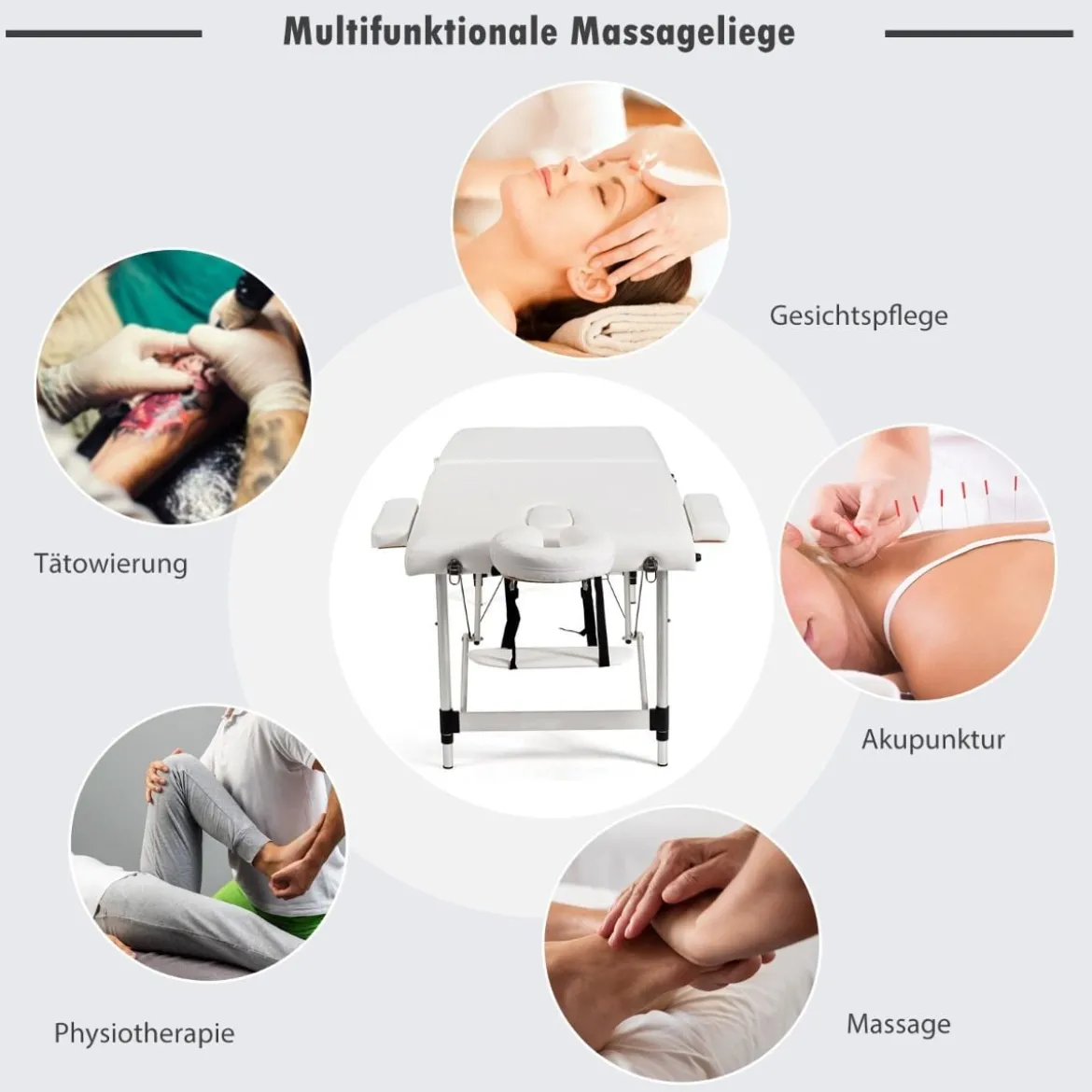 70cm breit Alu Massagetisch mit Tragetasche 2-Fach Faltbares Massagebett mit abnehmbarer Kopfstütze und Armlehnen