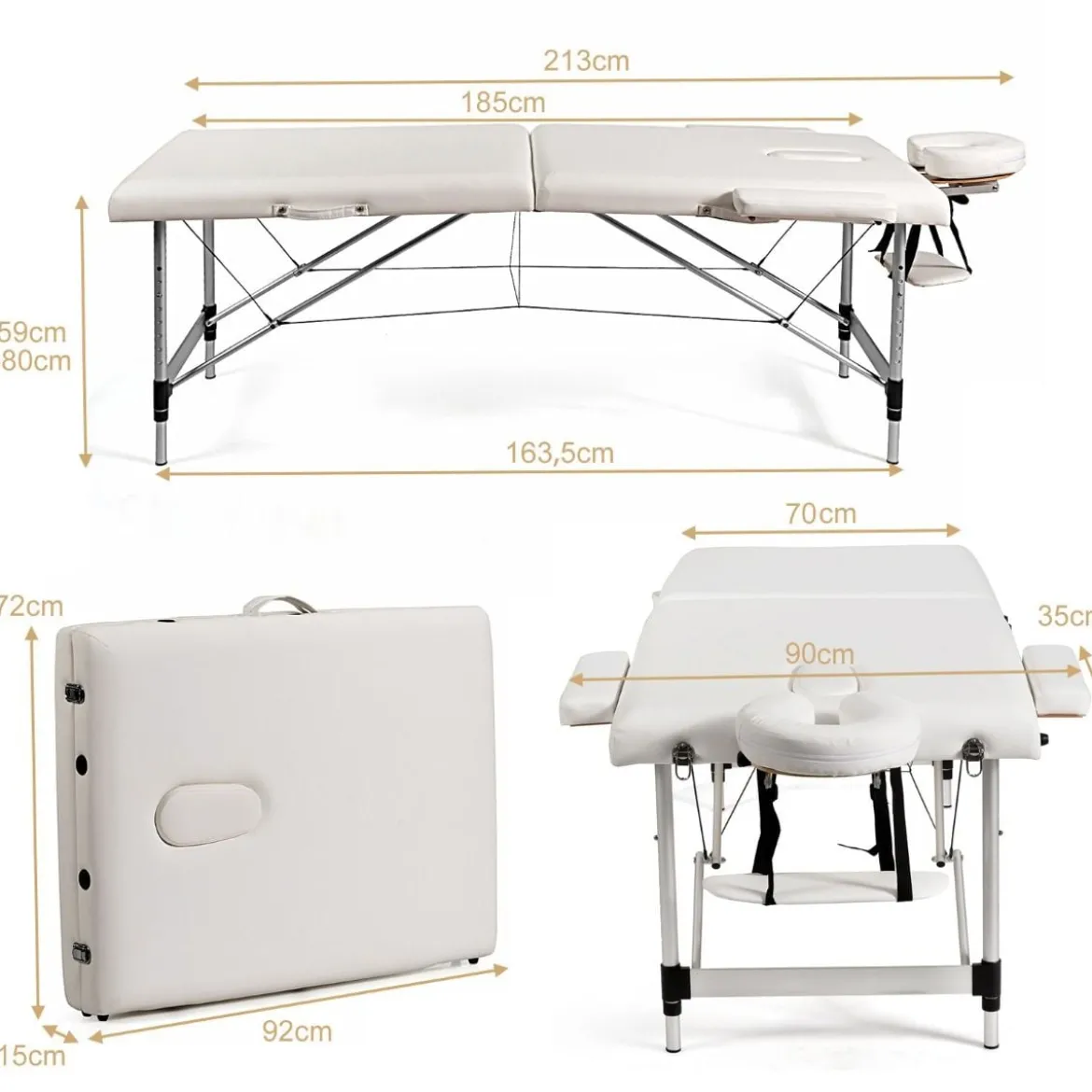 70cm breit Alu Massagetisch mit Tragetasche 2-Fach Faltbares Massagebett mit abnehmbarer Kopfstütze und Armlehnen