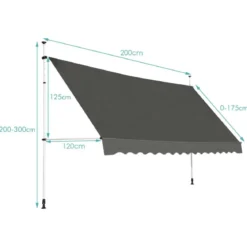 200 cm Breit Klemmmarkise ohne Bohren UV-beständige Balkonmarkise Höhenverstellbare Markise Grau