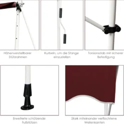 250 cm Breit Klemmmarkise ohne Bohren UV-beständige Balkonmarkise Höhenverstellbare Markise Rot