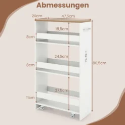 20 cm Breit Nischenwagen auf Rollen 4 Etagen Schmal Küchenwagen Servierwagen Weiß + Natur