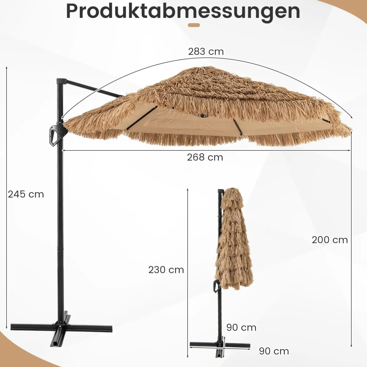 283 cm Cantilever Hula Tiki Thatch Patio Sonnenschirm im hawaiianischen Stil mit belüftetem Top Sonnenschutzdach Natur