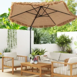 283 cm Cantilever Hula Tiki Thatch Patio Sonnenschirm im hawaiianischen Stil mit belüftetem Top Sonnenschutzdach Natur