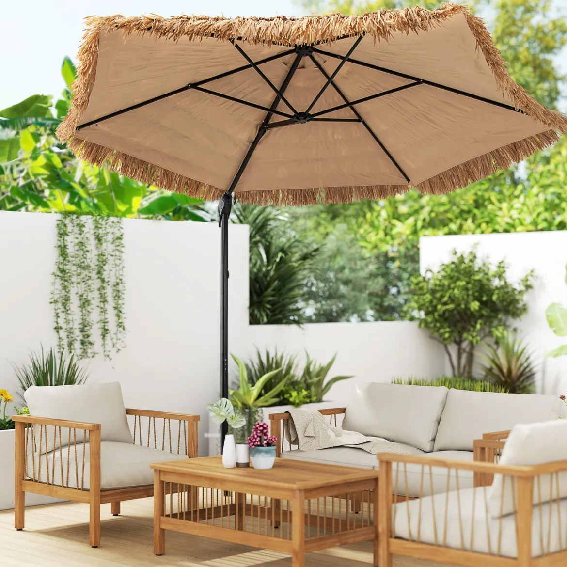 283 cm Cantilever Hula Tiki Thatch Patio Sonnenschirm im hawaiianischen Stil mit belüftetem Top Sonnenschutzdach Natur