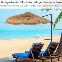 283 cm Cantilever Hula Tiki Thatch Patio Sonnenschirm im hawaiianischen Stil mit belüftetem Top Sonnenschutzdach Natur