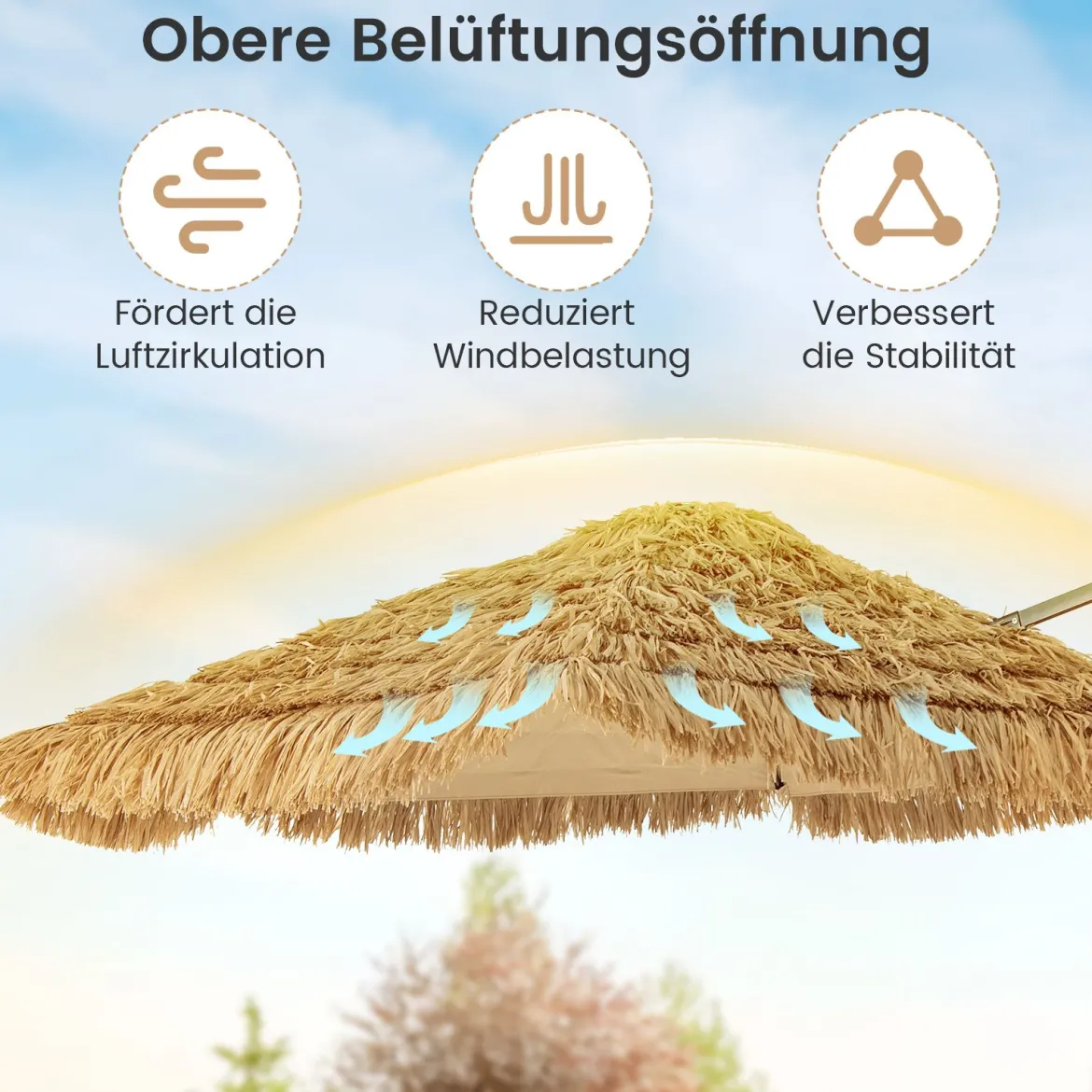 283 cm Cantilever Hula Tiki Thatch Patio Sonnenschirm im hawaiianischen Stil mit belüftetem Top Sonnenschutzdach Natur