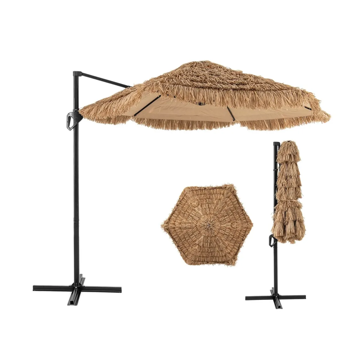 283 cm Cantilever Hula Tiki Thatch Patio Sonnenschirm im hawaiianischen Stil mit belüftetem Top Sonnenschutzdach Natur