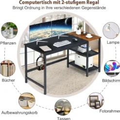 150 cm Computertisch mit Herausnehmbaren Ablagefächern & Kopfhörerhaken Schwarz