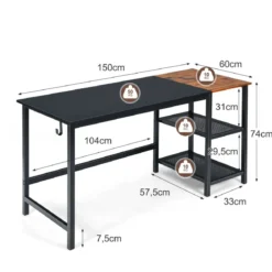 150 cm Computertisch mit Herausnehmbaren Ablagefächern & Kopfhörerhaken Schwarz