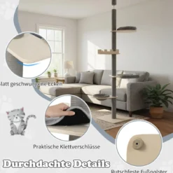 236-271 cm Deckenhoch Kratzbaum mit Hängematte & Korb & Bett 5-stöckiger Katzenbaum Grau