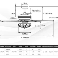 132cm Deckenventilator Holz mit Beleuchtung umkehrbar Ventilator mit Lampe 4H Timer Mattschwarz