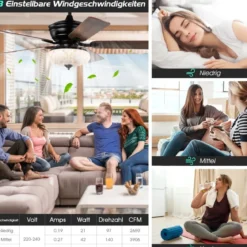 132cm Deckenventilator Holz mit Beleuchtung umkehrbar Ventilator mit Lampe 4H Timer Mattschwarz