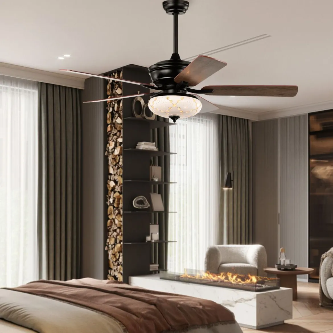 132cm Deckenventilator Holz mit Beleuchtung umkehrbar Ventilator mit Lampe 4H Timer Mattschwarz