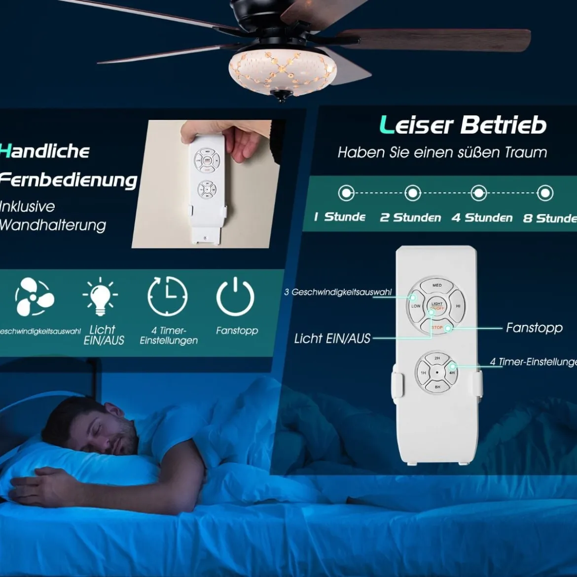 132cm Deckenventilator Holz mit Beleuchtung umkehrbar Ventilator mit Lampe 4H Timer Mattschwarz