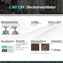 132cm Deckenventilator Holz mit Beleuchtung umkehrbar Ventilator mit Lampe 4H Timer Mattschwarz