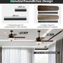 132cm Deckenventilator Holz mit Beleuchtung umkehrbar Ventilator mit Lampe 4H Timer Mattschwarz