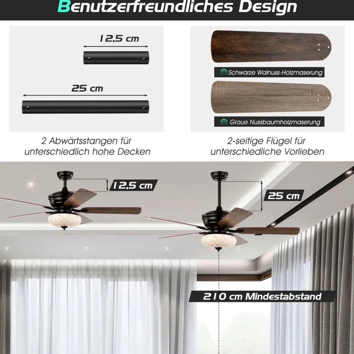 132cm Deckenventilator Holz mit Beleuchtung umkehrbar Ventilator mit Lampe 4H Timer Mattschwarz