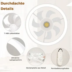φ48cm Deckenventilator mit Beleuchtung umkehrbarer Ventilator LED Deckenleuchte 3000-6500K dimmbar mit 6 Windgeschwindigkeiten Weiß