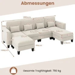 280 cm Ecksofa mit 2 Ottomane U-förmiges modulares Sofa mit USB- & Type-C-Ladeanschlüssen 4-Sitzer Sofa-Set Beige