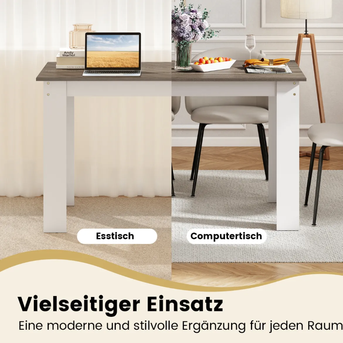 120 cm Esstisch für 4-6 Personen Holz Rechtecktisch großer Esszimmertisch moderner Küchentisch Natur/Weiß