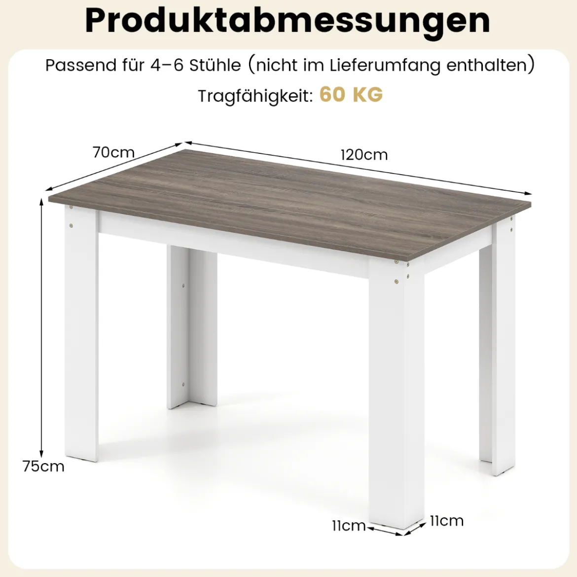 120 cm Esstisch für 4-6 Personen Holz Rechtecktisch großer Esszimmertisch moderner Küchentisch Natur/Weiß