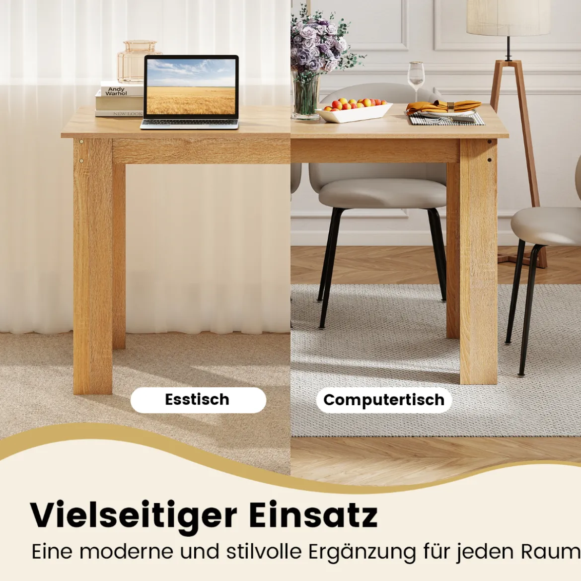 120 cm Esstisch für 4-6 Personen Holz Rechtecktisch großer Esszimmertisch moderner Küchentisch Natur/Weiß