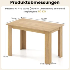 120 cm Esstisch für 4-6 Personen Holz Rechtecktisch großer Esszimmertisch moderner Küchentisch Natur/Weiß