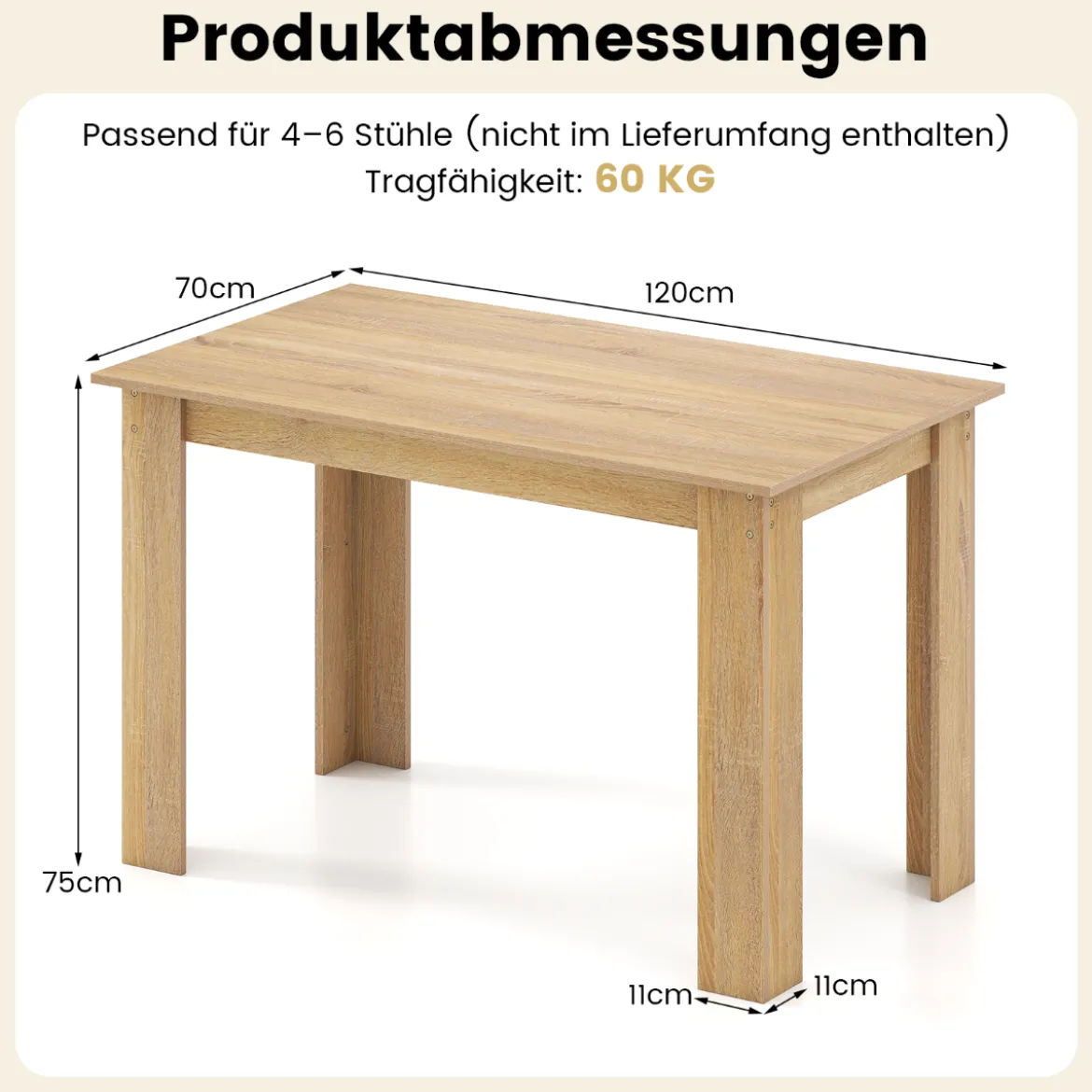 120 cm Esstisch für 4-6 Personen Holz Rechtecktisch großer Esszimmertisch moderner Küchentisch Natur/Weiß