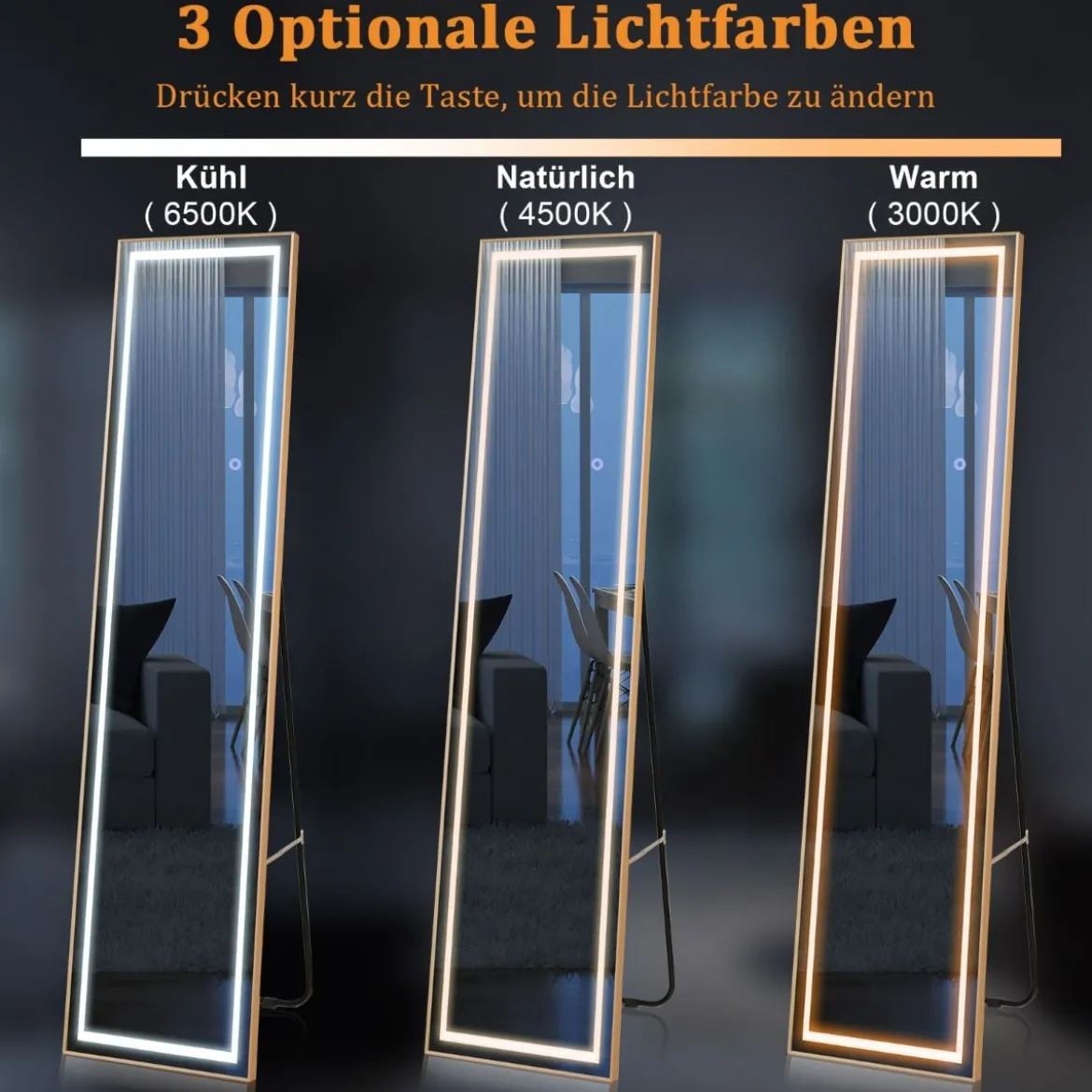 155cm Ganzkörperspiegel mit Goldenem Alurahmen & Explosionssicherer Folie Rechteckiger Standspiegel