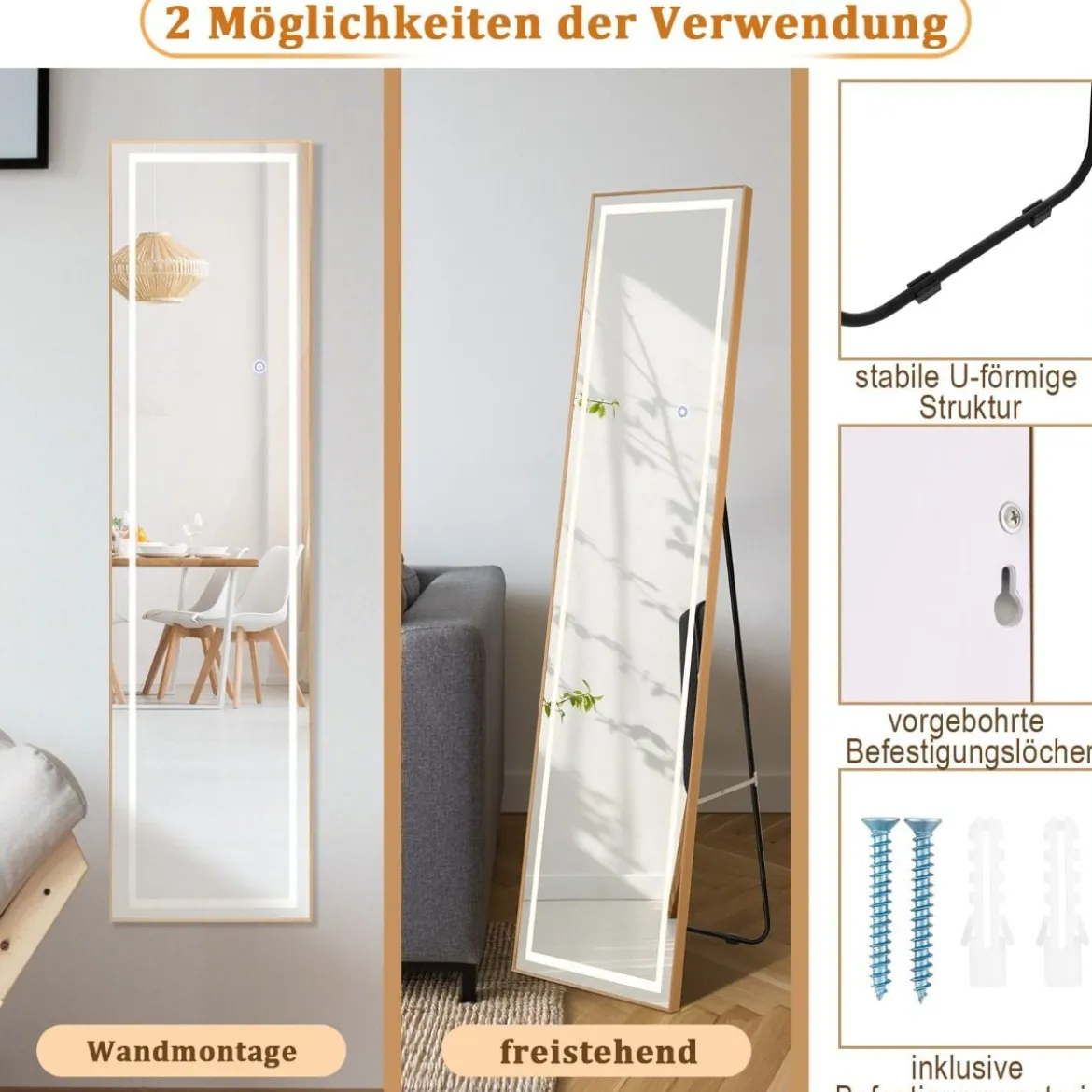 155cm Ganzkörperspiegel mit Goldenem Alurahmen & Explosionssicherer Folie Rechteckiger Standspiegel