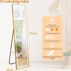 155cm Ganzkörperspiegel mit Goldenem Alurahmen & Explosionssicherer Folie Rechteckiger Standspiegel