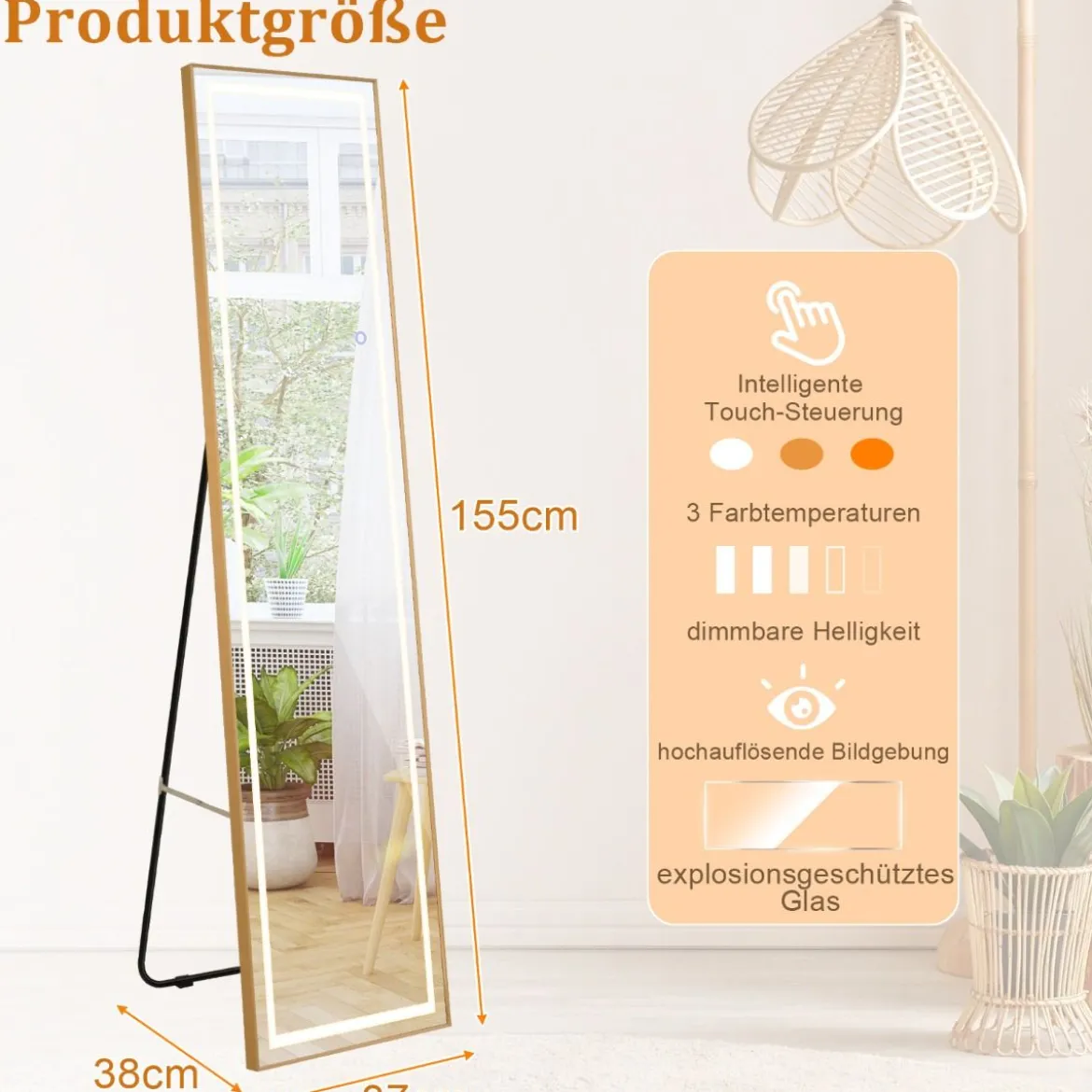155cm Ganzkörperspiegel mit Goldenem Alurahmen & Explosionssicherer Folie Rechteckiger Standspiegel