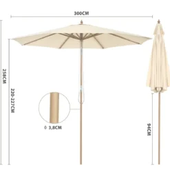 300 cm Gartenschirm aus Holz Beidseitig um 30° Knickbar Beige
