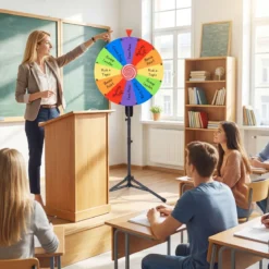 Φ 75 cm Glücksrad zum Drehen mit 12 abwischbaren Feldern Höhenverstellbar 134–171 cm Bunt