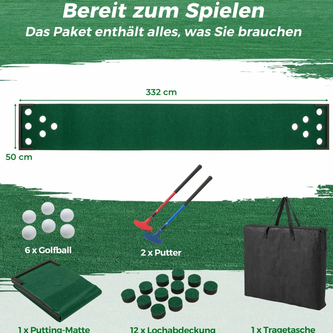332 cm Golf Puttingmatte mit 2 Verstellbaren Puttern & 6 Bällen & 12 Lochabdeckungen Tragbare Golfmatte