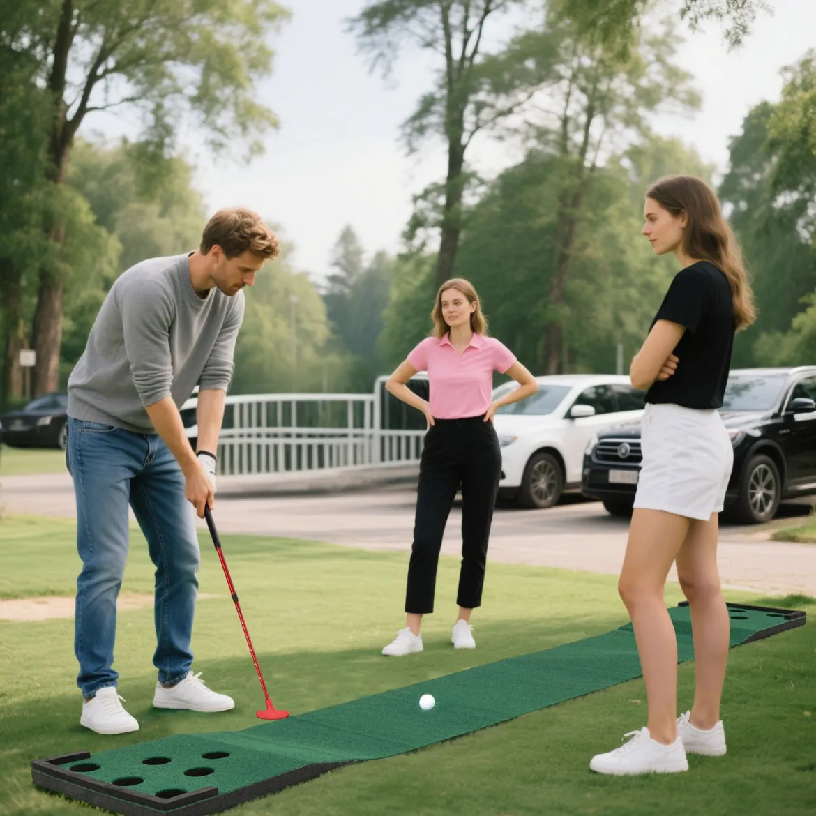 332 cm Golf Puttingmatte mit 2 Verstellbaren Puttern & 6 Bällen & 12 Lochabdeckungen Tragbare Golfmatte