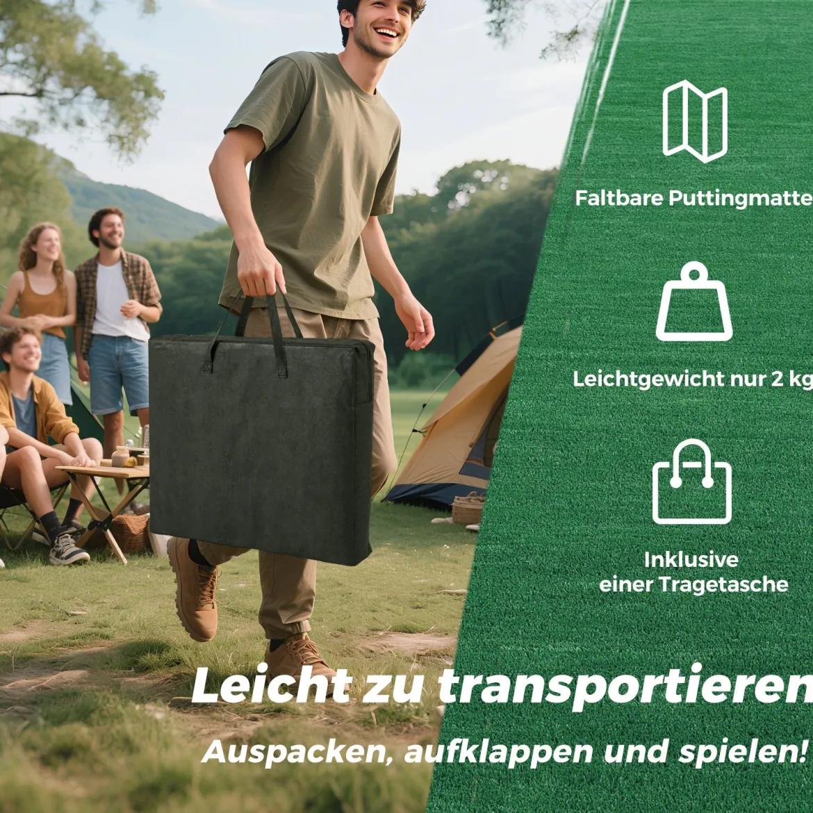 332 cm Golf Puttingmatte mit 2 Verstellbaren Puttern & 6 Bällen & 12 Lochabdeckungen Tragbare Golfmatte