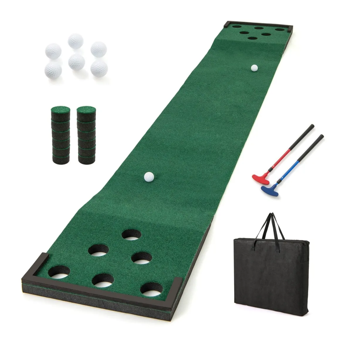 332 cm Golf Puttingmatte mit 2 Verstellbaren Puttern & 6 Bällen & 12 Lochabdeckungen Tragbare Golfmatte