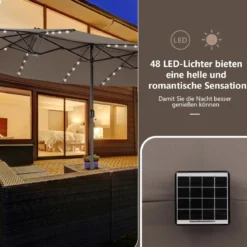 470 cm Großer Doppel-Terrassenschirm mit 48 Solar-LED-Lichtern & Kurbel Außenschirm Schirmständer nicht enthalten