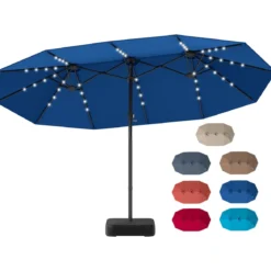 470 cm Großer Doppel-Terrassenschirm mit 48 Solar-LED-Lichtern & Basis Außenschirm