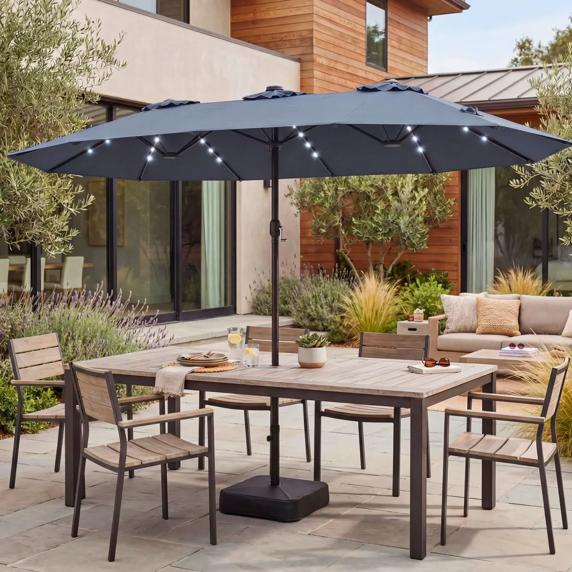 470 cm Großer Doppel-Terrassenschirm mit 48 Solar-LED-Lichtern & Basis Außenschirm