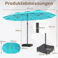 470 cm Großer Doppel-Terrassenschirm mit 48 Solar-LED-Lichtern & Basis Außenschirm