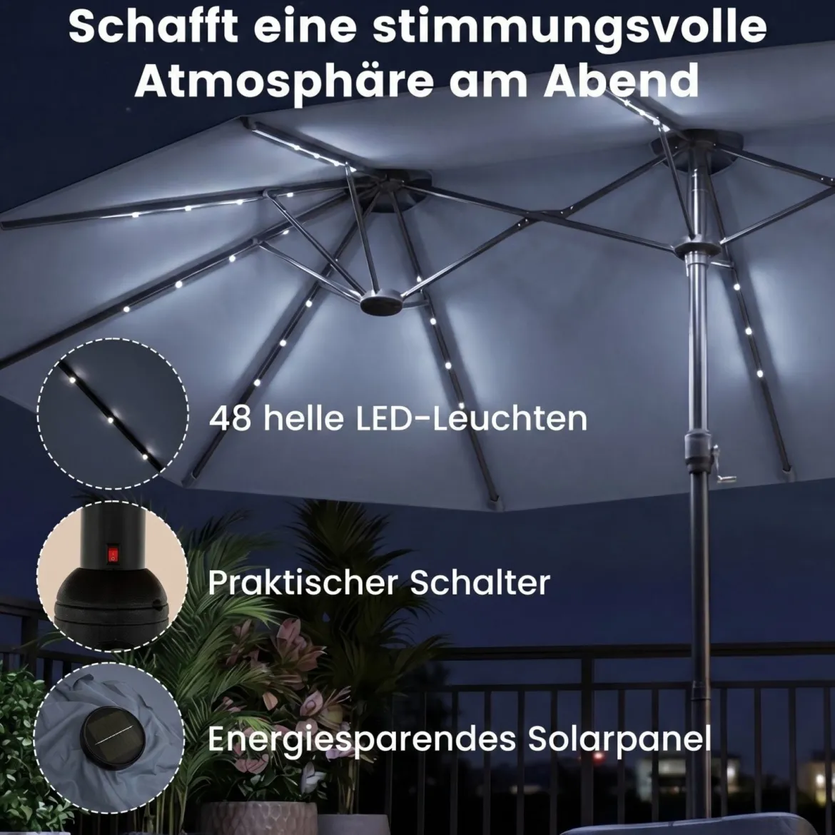 470 cm Großer Doppel-Terrassenschirm mit 48 Solar-LED-Lichtern & Basis Außenschirm