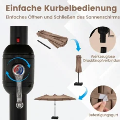 470 cm Großer Doppel-Terrassenschirm mit 48 Solar-LED-Lichtern & Basis Außenschirm