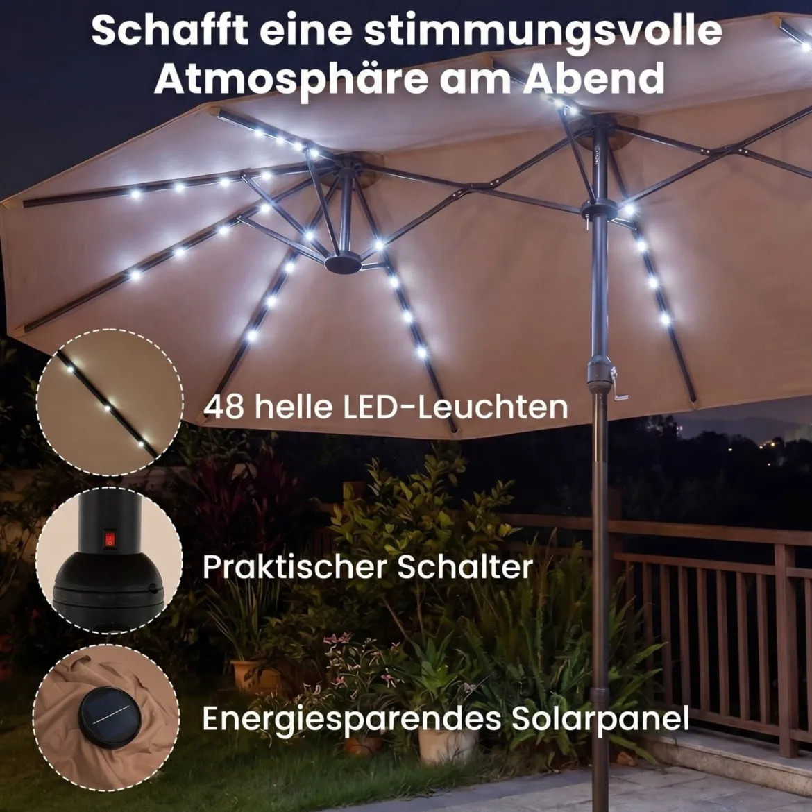 470 cm Großer Doppel-Terrassenschirm mit 48 Solar-LED-Lichtern & Basis Außenschirm