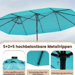 470 cm Großer Doppel-Terrassenschirm mit 48 Solar-LED-Lichtern & Basis Außenschirm