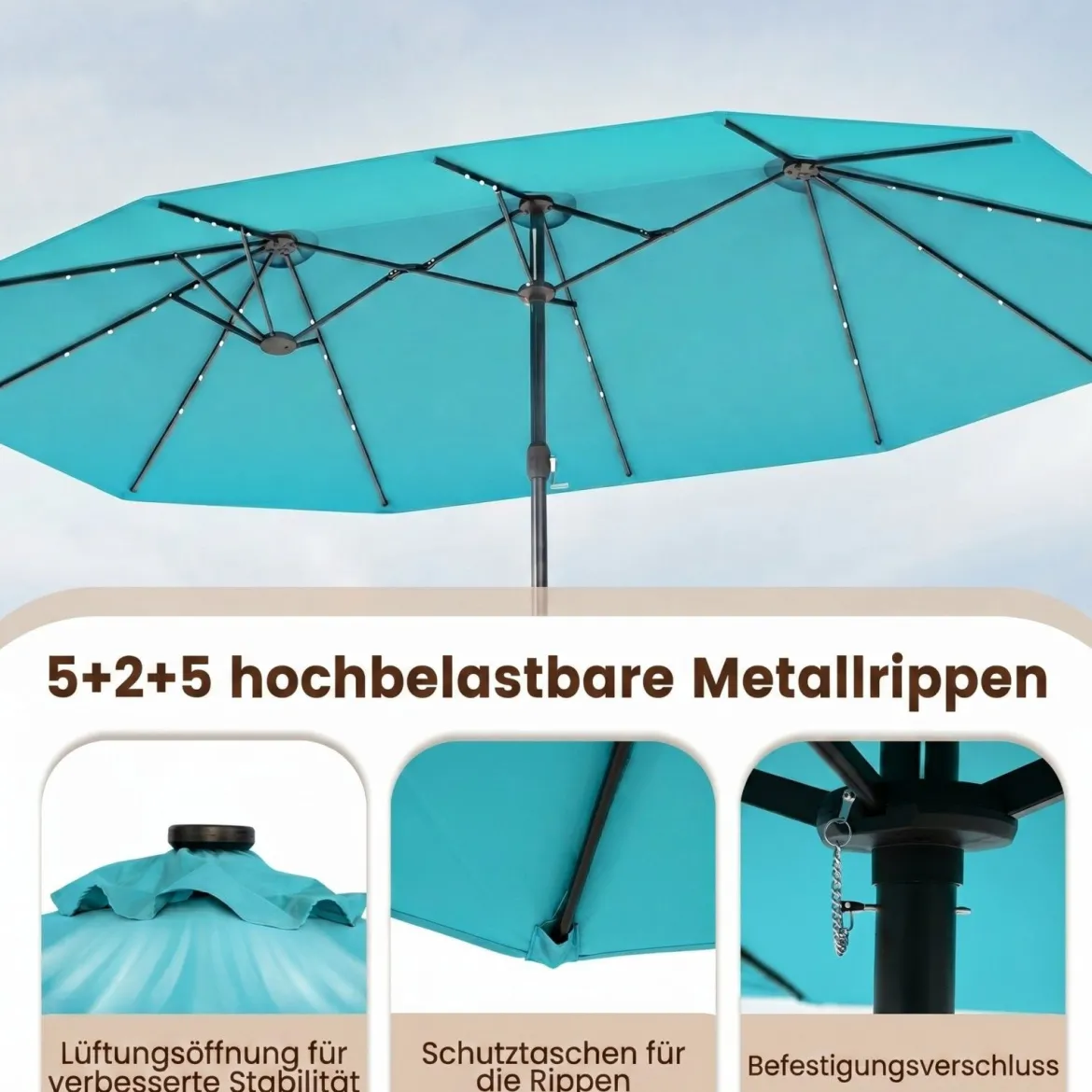 470 cm Großer Doppel-Terrassenschirm mit 48 Solar-LED-Lichtern & Basis Außenschirm