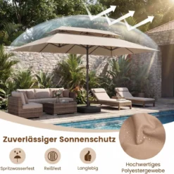 470 cm Großer Doppel-Terrassenschirm mit 48 Solar-LED-Lichtern & Basis Außenschirm