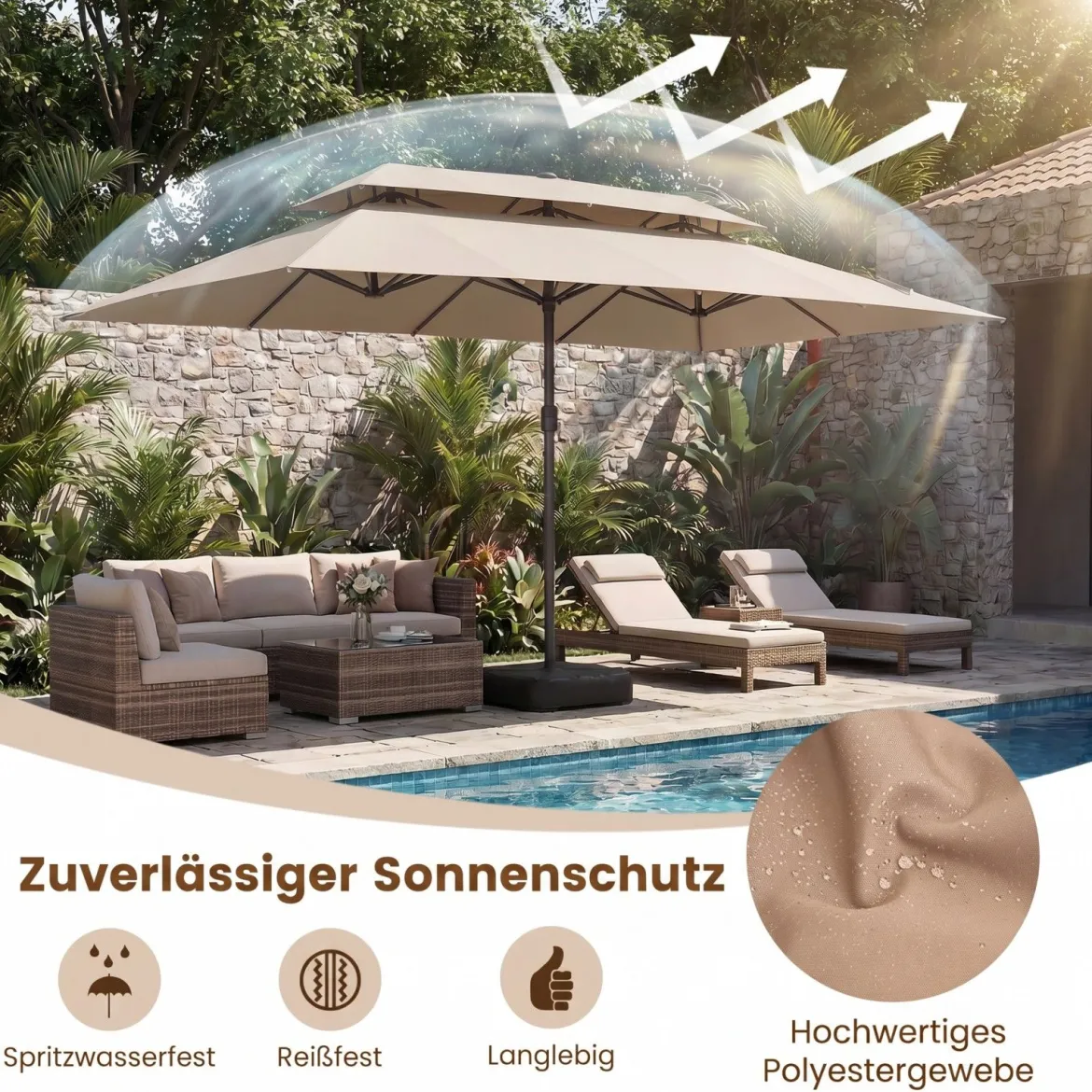 470 cm Großer Doppel-Terrassenschirm mit 48 Solar-LED-Lichtern & Basis Außenschirm